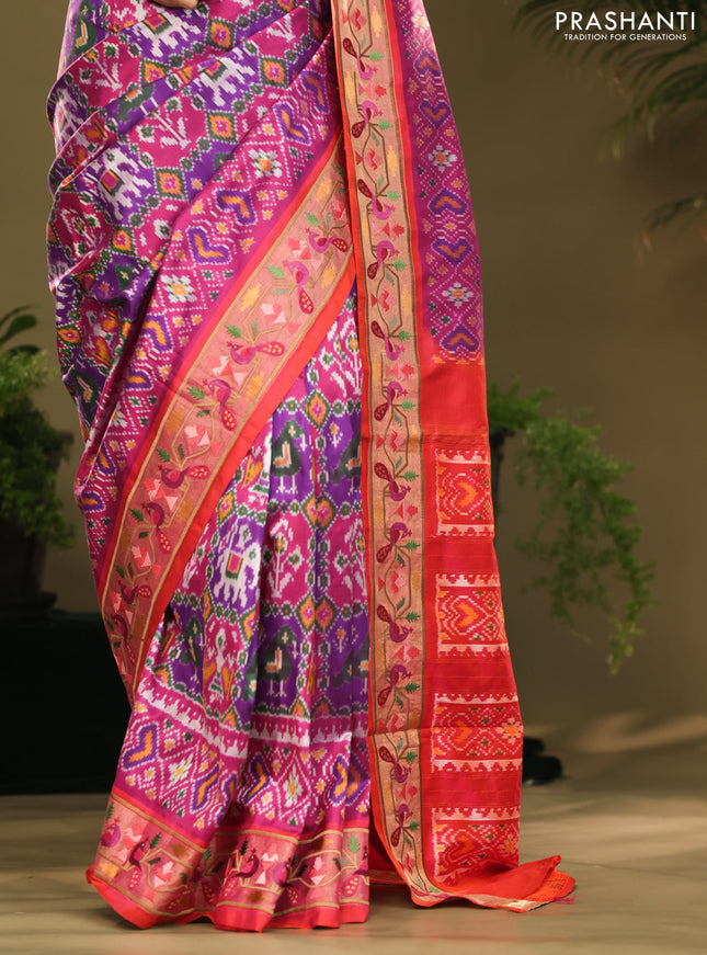 Purple & red kanchipuram silk saree with patola prints and border embroidery