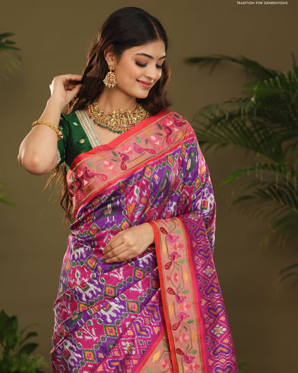 Purple & red kanchipuram silk saree with patola prints and border embroidery