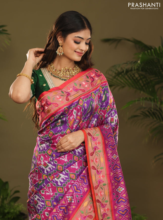 Purple & red kanchipuram silk saree with patola prints and border embroidery