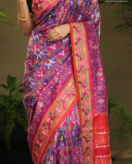 Purple & red kanchipuram silk saree with patola prints and border embroidery