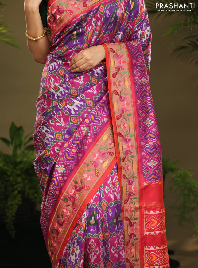 Purple & red kanchipuram silk saree with patola prints and border embroidery