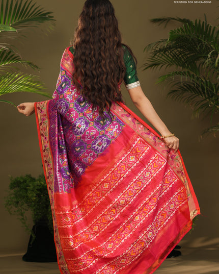 Purple & red kanchipuram silk saree with patola prints and border embroidery
