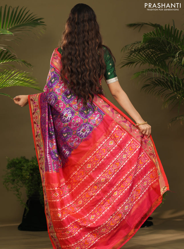 Purple & red kanchipuram silk saree with patola prints and border embroidery