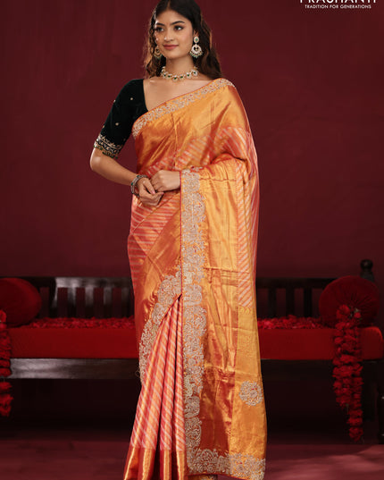 Dual shade of pink pure kanchipuram silk saree with allover zari stripes & border embroidery