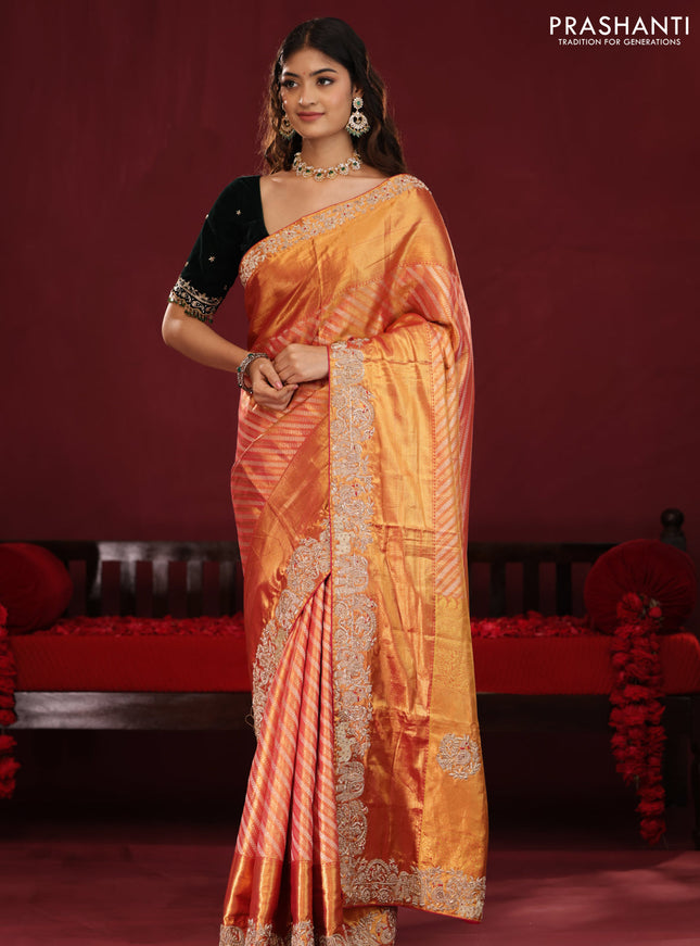 Dual shade of pink pure kanchipuram silk saree with allover zari stripes & border embroidery