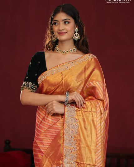 Dual shade of pink pure kanchipuram silk saree with allover zari stripes & border embroidery