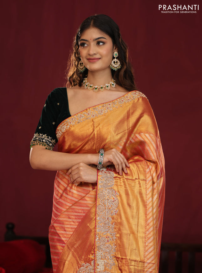 Dual shade of pink pure kanchipuram silk saree with allover zari stripes & border embroidery