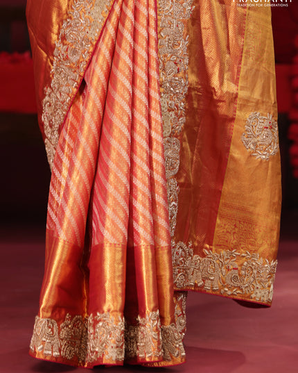 Dual shade of pink pure kanchipuram silk saree with allover zari stripes & border embroidery