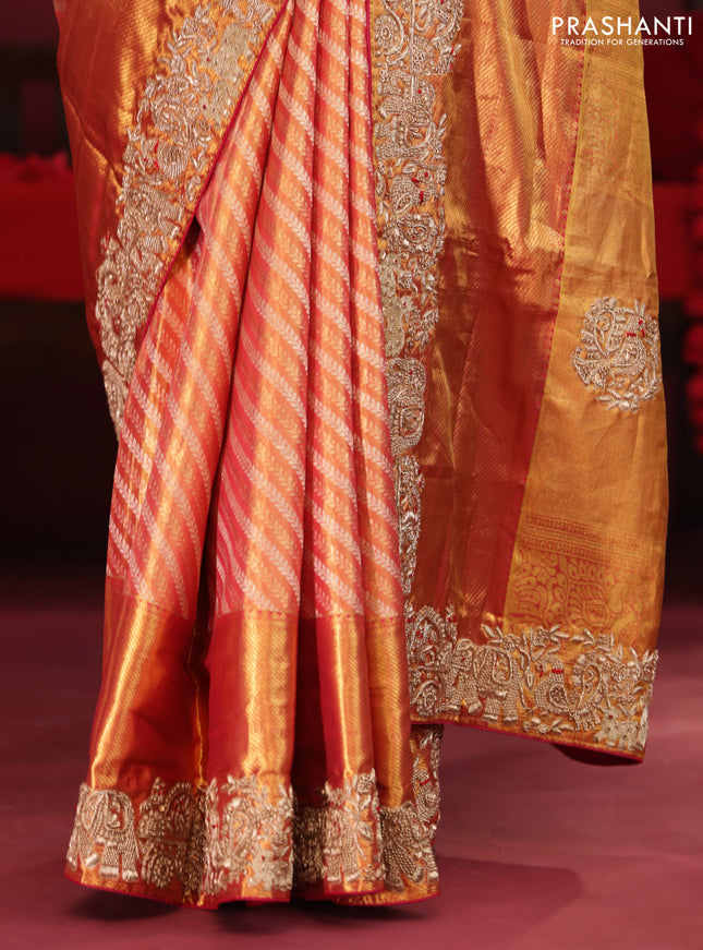 Dual shade of pink pure kanchipuram silk saree with allover zari stripes & border embroidery
