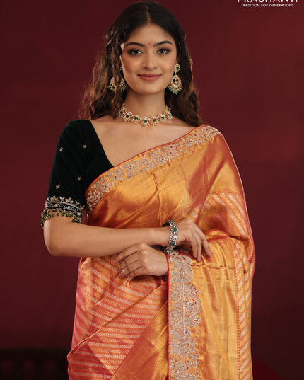 Dual shade of pink pure kanchipuram silk saree with allover zari stripes & border embroidery