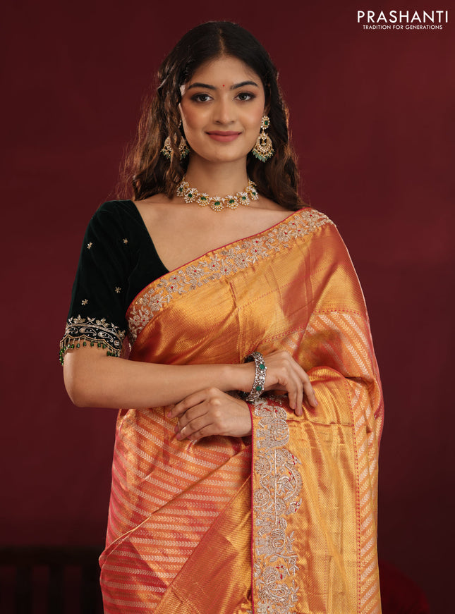 Dual shade of pink pure kanchipuram silk saree with allover zari stripes & border embroidery