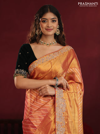 Dual shade of pink pure kanchipuram silk saree with allover zari stripes & border embroidery