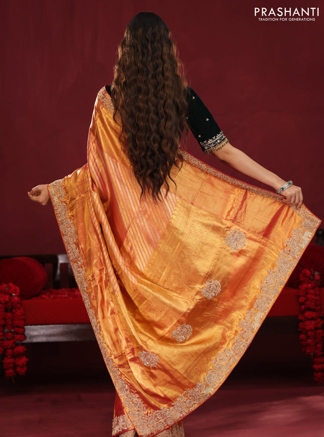 Dual shade of pink pure kanchipuram silk saree with allover zari stripes & border embroidery