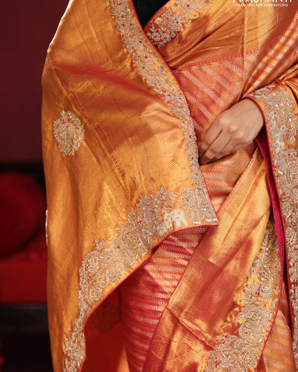 Dual shade of pink pure kanchipuram silk saree with allover zari stripes & border embroidery