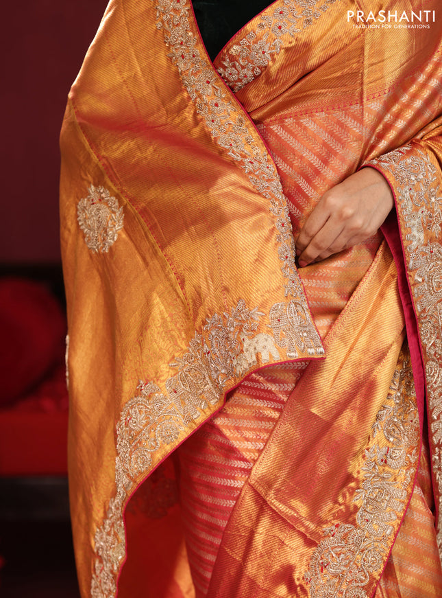 Dual shade of pink pure kanchipuram silk saree with allover zari stripes & border embroidery