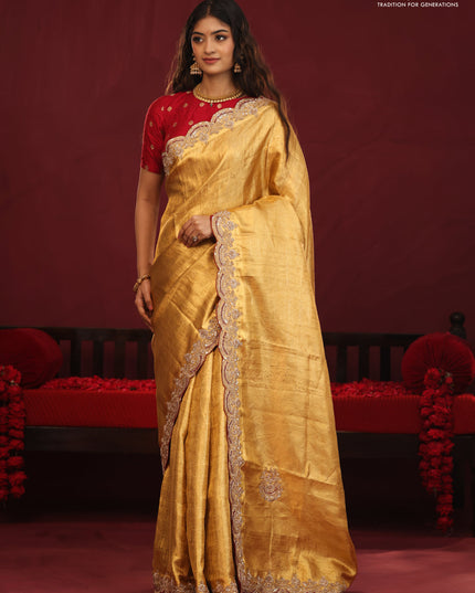 Golden tissue kanchipuram silk saree with allover brocade zari weaves & border embroidery