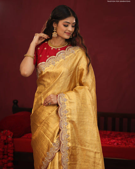 Golden tissue kanchipuram silk saree with allover brocade zari weaves & border embroidery