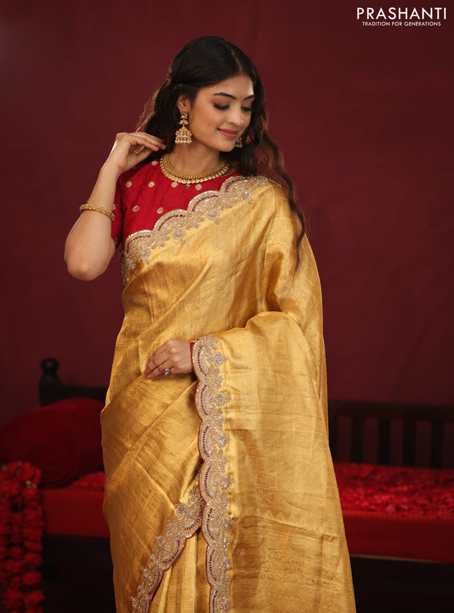 Golden tissue kanchipuram silk saree with allover brocade zari weaves & border embroidery