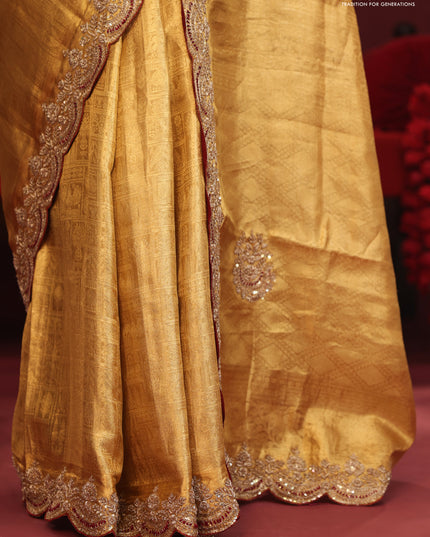 Golden tissue kanchipuram silk saree with allover brocade zari weaves & border embroidery