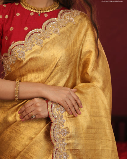 Golden tissue kanchipuram silk saree with allover brocade zari weaves & border embroidery