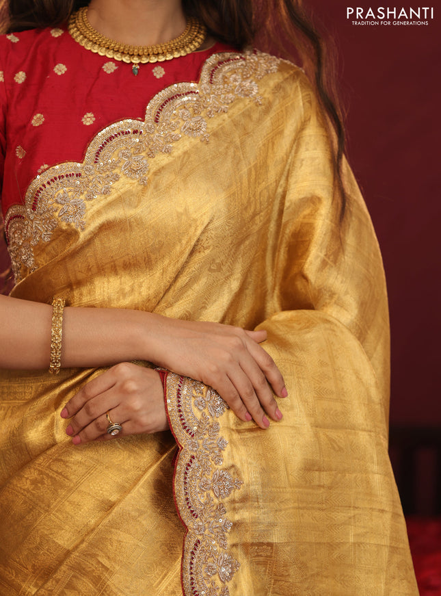 Golden tissue kanchipuram silk saree with allover brocade zari weaves & border embroidery