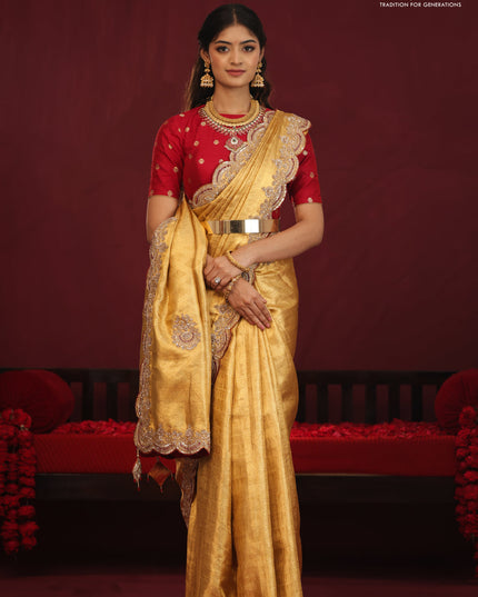 Golden tissue kanchipuram silk saree with allover brocade zari weaves & border embroidery