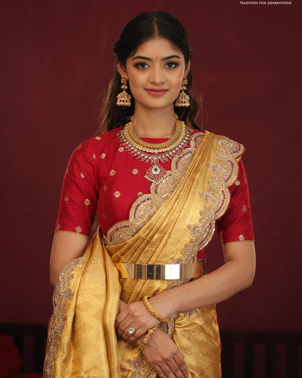 Golden tissue kanchipuram silk saree with allover brocade zari weaves & border embroidery