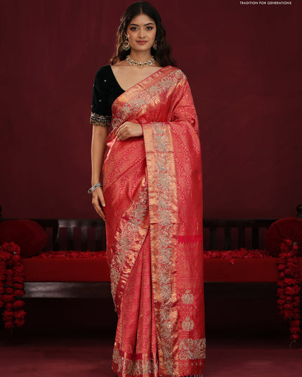 Red pure kanchipuram silk saree with allover brocade zari weaves & border embroidery