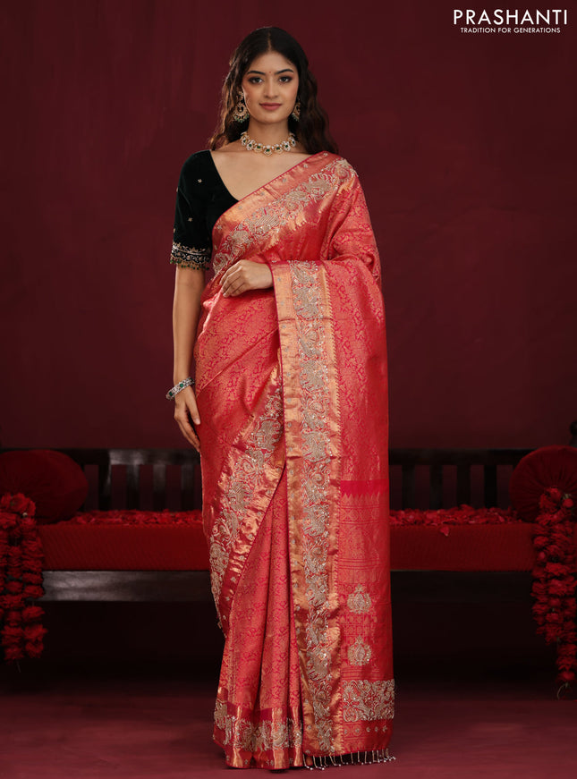 Red pure kanchipuram silk saree with allover brocade zari weaves & border embroidery