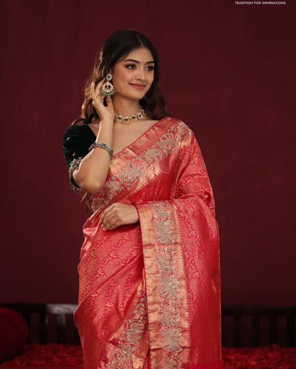 Red pure kanchipuram silk saree with allover brocade zari weaves & border embroidery