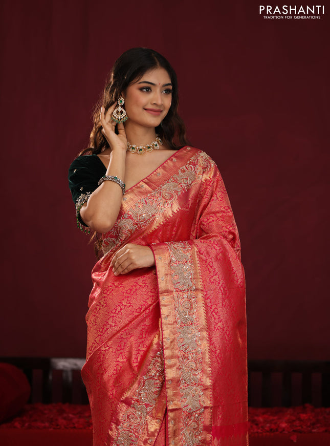 Red pure kanchipuram silk saree with allover brocade zari weaves & border embroidery