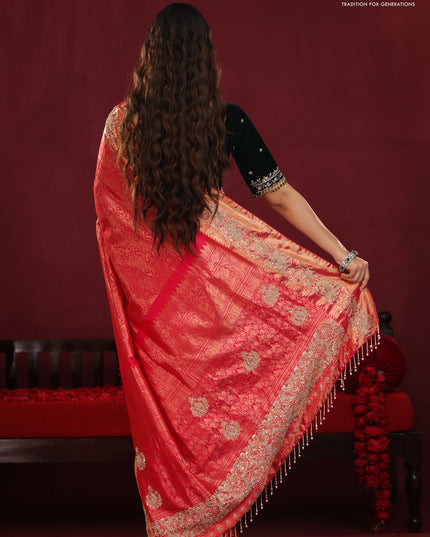Red pure kanchipuram silk saree with allover brocade zari weaves & border embroidery
