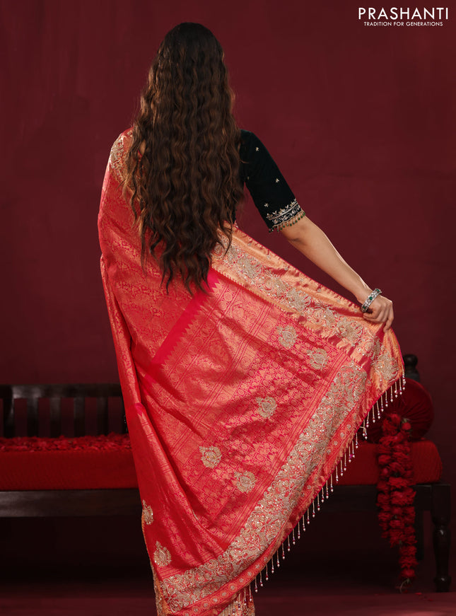 Red pure kanchipuram silk saree with allover brocade zari weaves & border embroidery