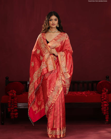 Red pure kanchipuram silk saree with allover brocade zari weaves & border embroidery