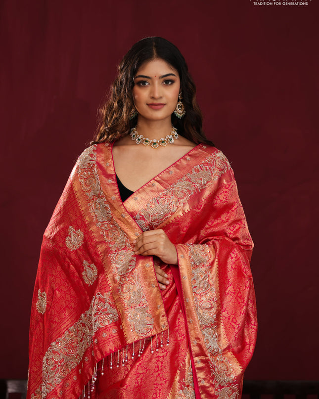 Red pure kanchipuram silk saree with allover brocade zari weaves & border embroidery