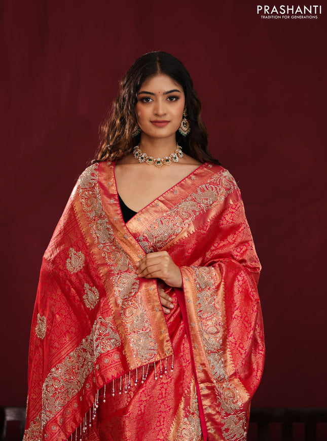Red pure kanchipuram silk saree with allover brocade zari weaves & border embroidery