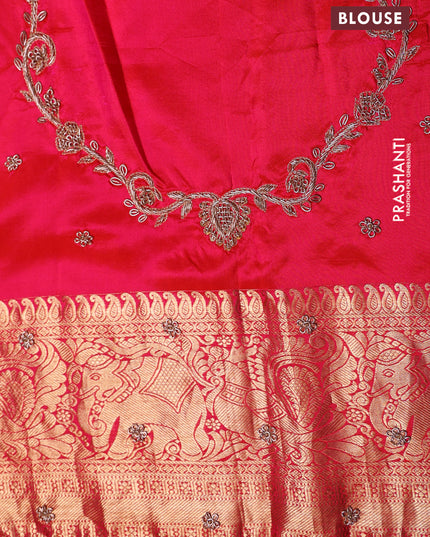 Red pure kanchipuram silk saree with allover brocade zari weaves & border embroidery