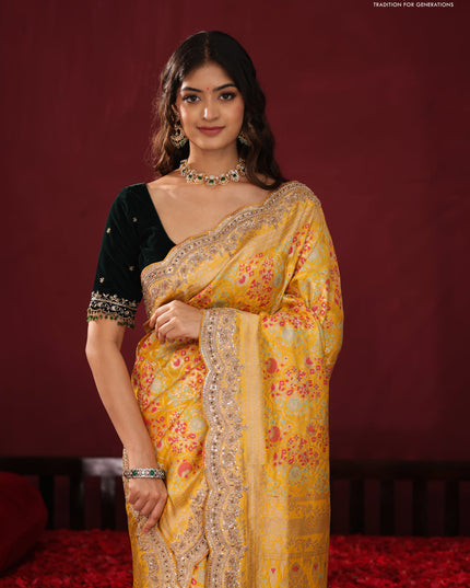Yellow banarasi uppada silk saree with allover mina weaves & border embroidery