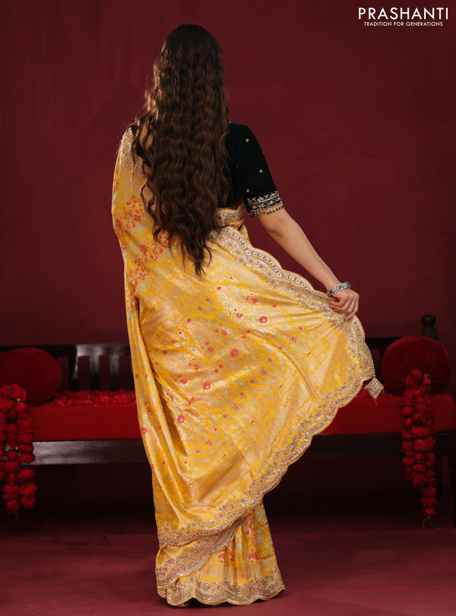 Yellow banarasi uppada silk saree with allover mina weaves & border embroidery
