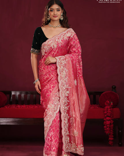 Pink Pure kanchipuram silk saree with allover brocade zari weaves & border embroidery