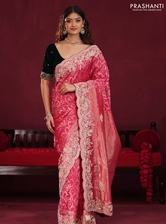 Pink Pure kanchipuram silk saree with allover brocade zari weaves & border embroidery