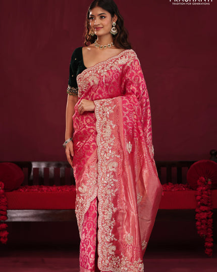Pink Pure kanchipuram silk saree with allover brocade zari weaves & border embroidery