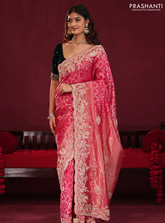 Pink Pure kanchipuram silk saree with allover brocade zari weaves & border embroidery