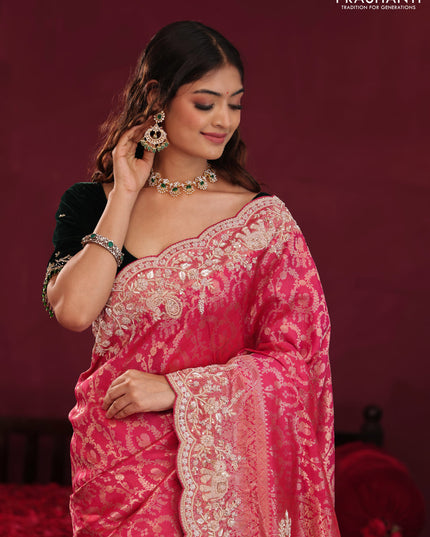 Pink Pure kanchipuram silk saree with allover brocade zari weaves & border embroidery