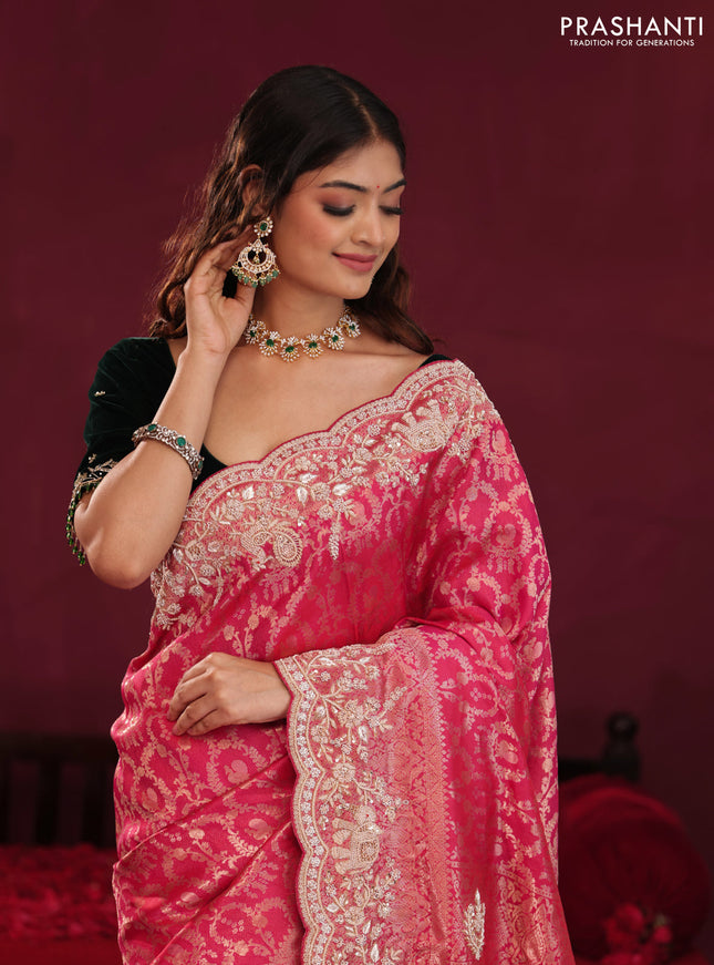 Pink Pure kanchipuram silk saree with allover brocade zari weaves & border embroidery