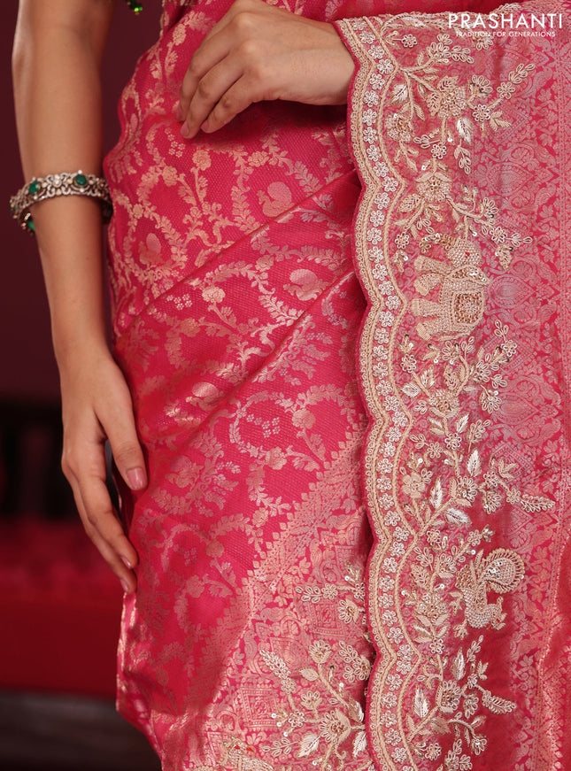 Pink Pure kanchipuram silk saree with allover brocade zari weaves & border embroidery