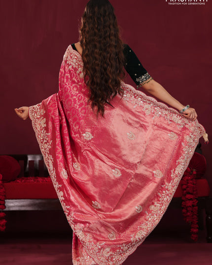 Pink Pure kanchipuram silk saree with allover brocade zari weaves & border embroidery