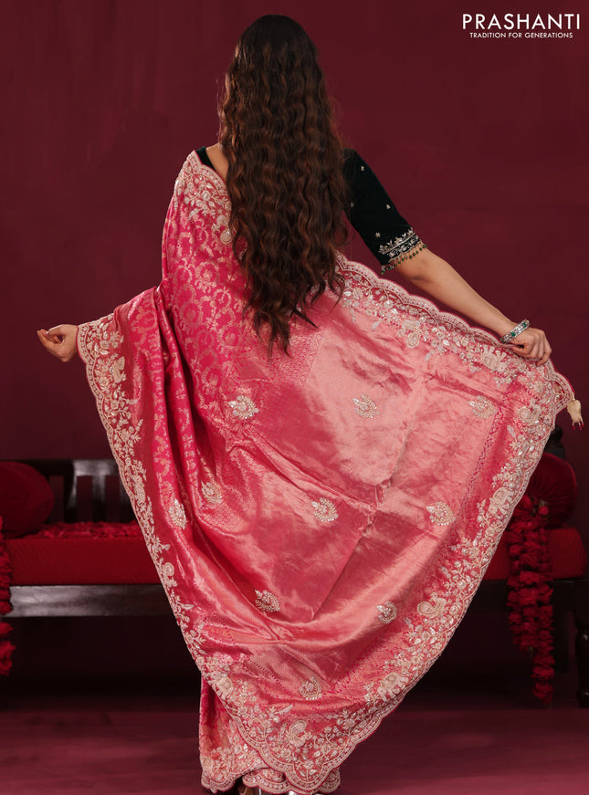 Pink Pure kanchipuram silk saree with allover brocade zari weaves & border embroidery