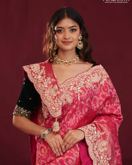 Pink Pure kanchipuram silk saree with allover brocade zari weaves & border embroidery