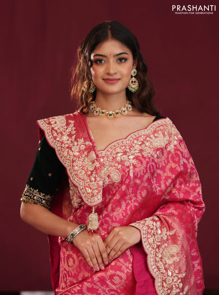 Pink Pure kanchipuram silk saree with allover brocade zari weaves & border embroidery